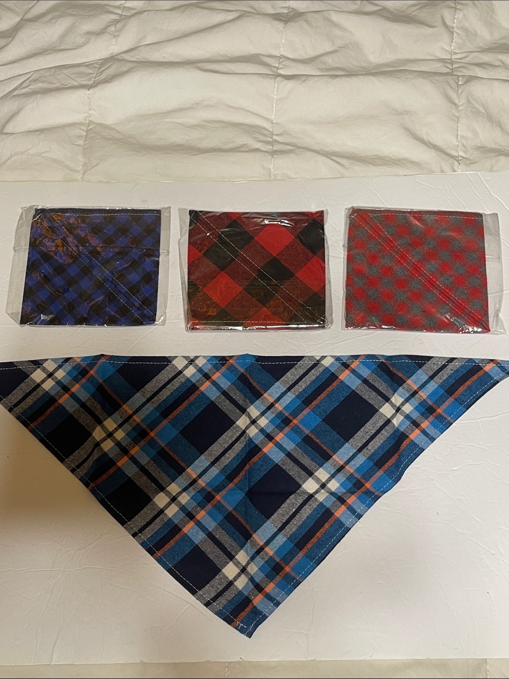 4 Plaid Cotton Pet Bandanas - Blue, Red, and Navy Assorted  nip